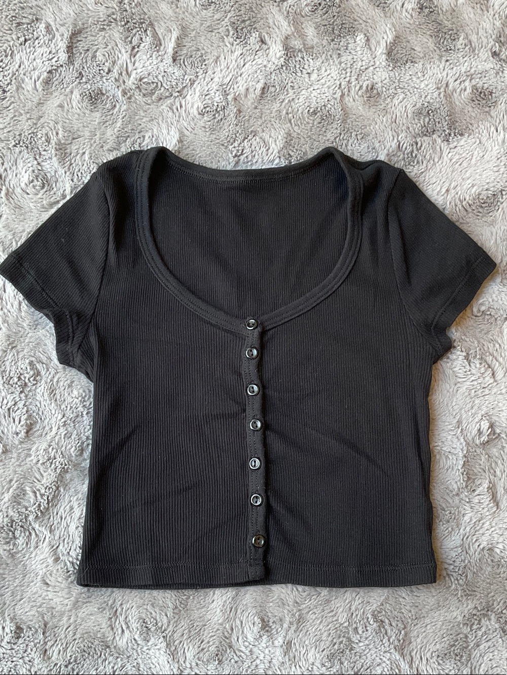 Black Ribbed Button-Front Crop Top